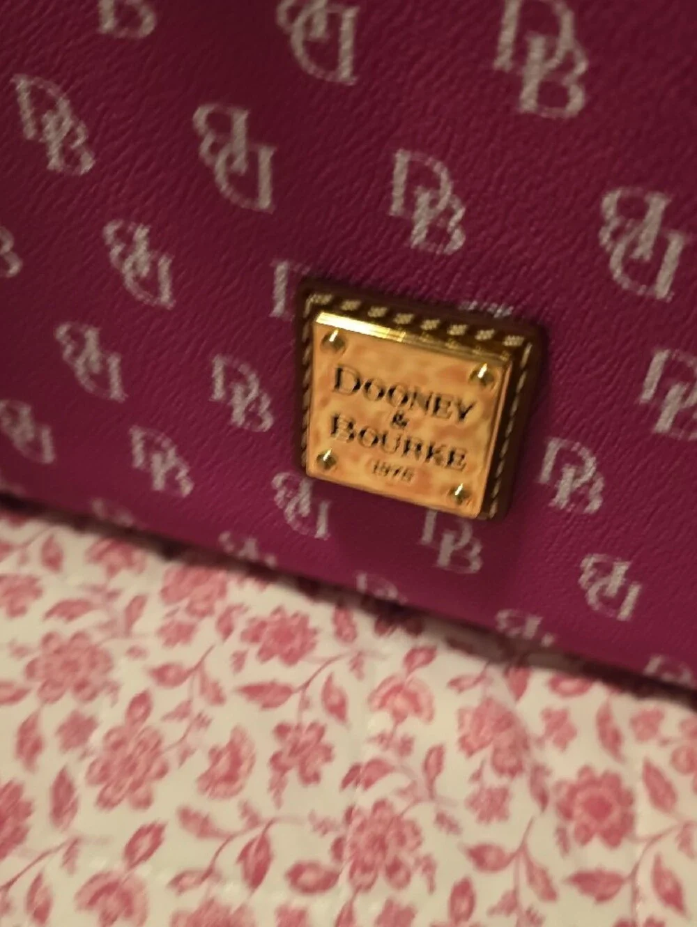 Dooney & Bourke Fuchsia DB Logo Tote with Brown Trim JANINE
